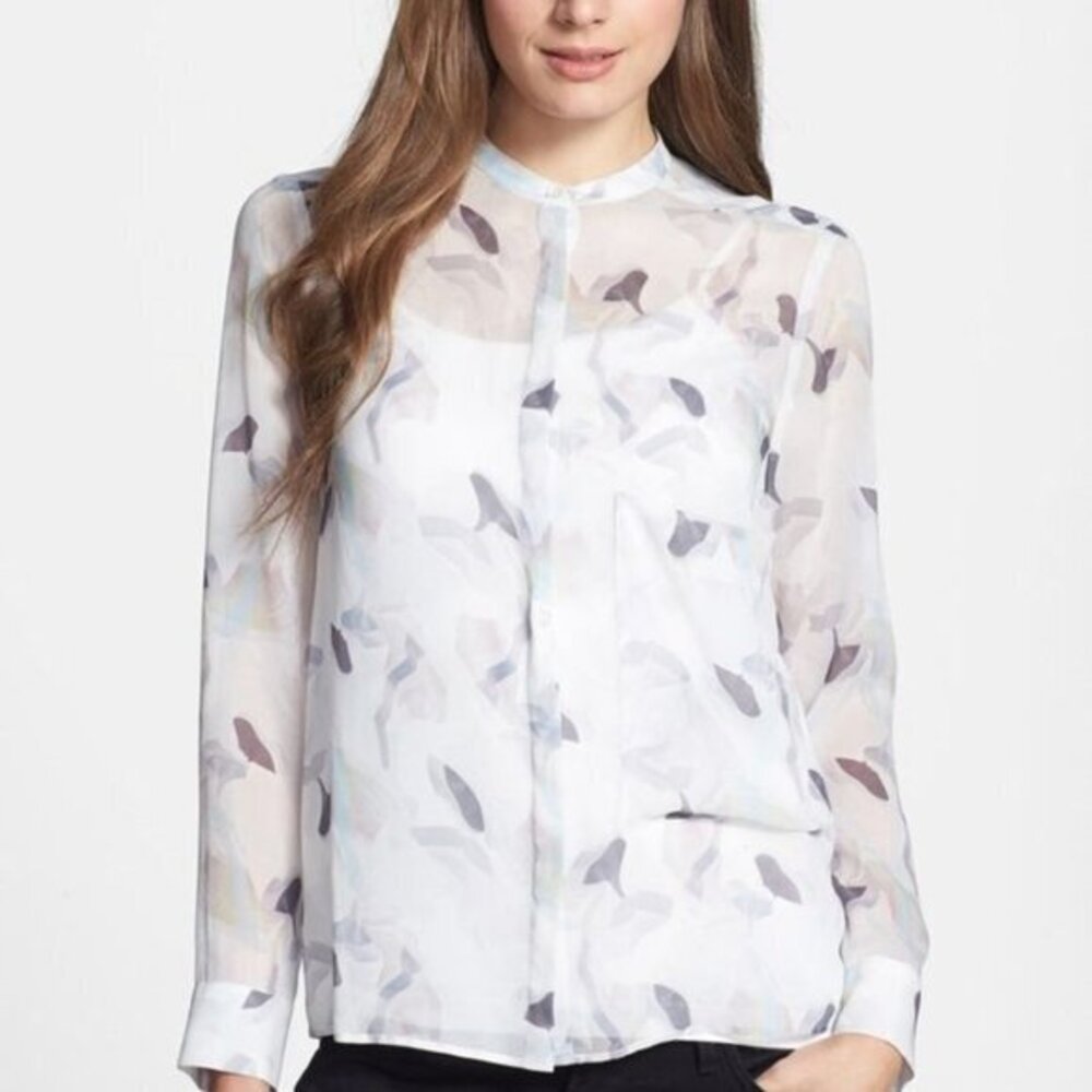 Theory Brindan Sheer Printed Silk Blouse, NWT, size M